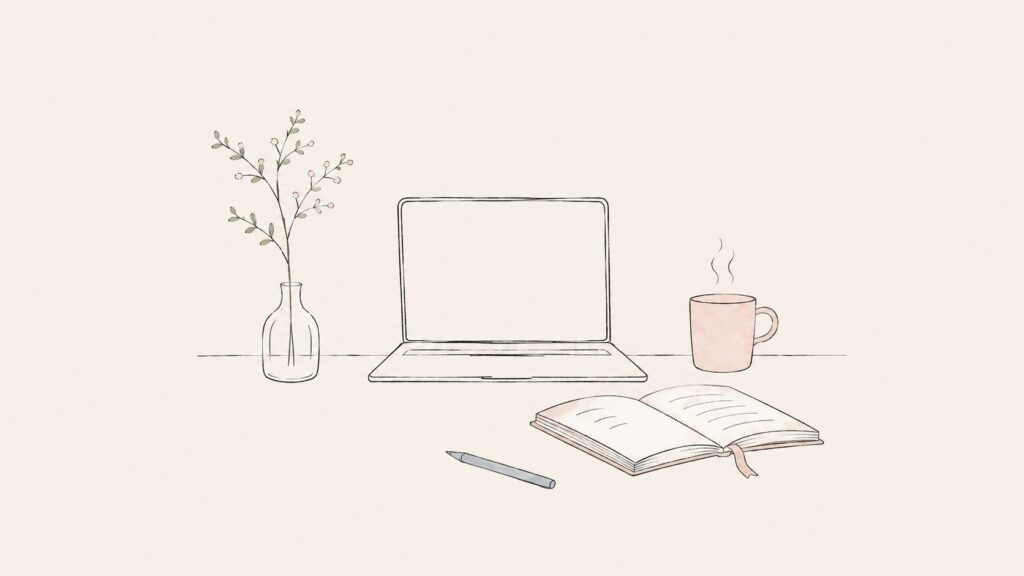 パソコンとノート、植物、マグカップの横長イラスト